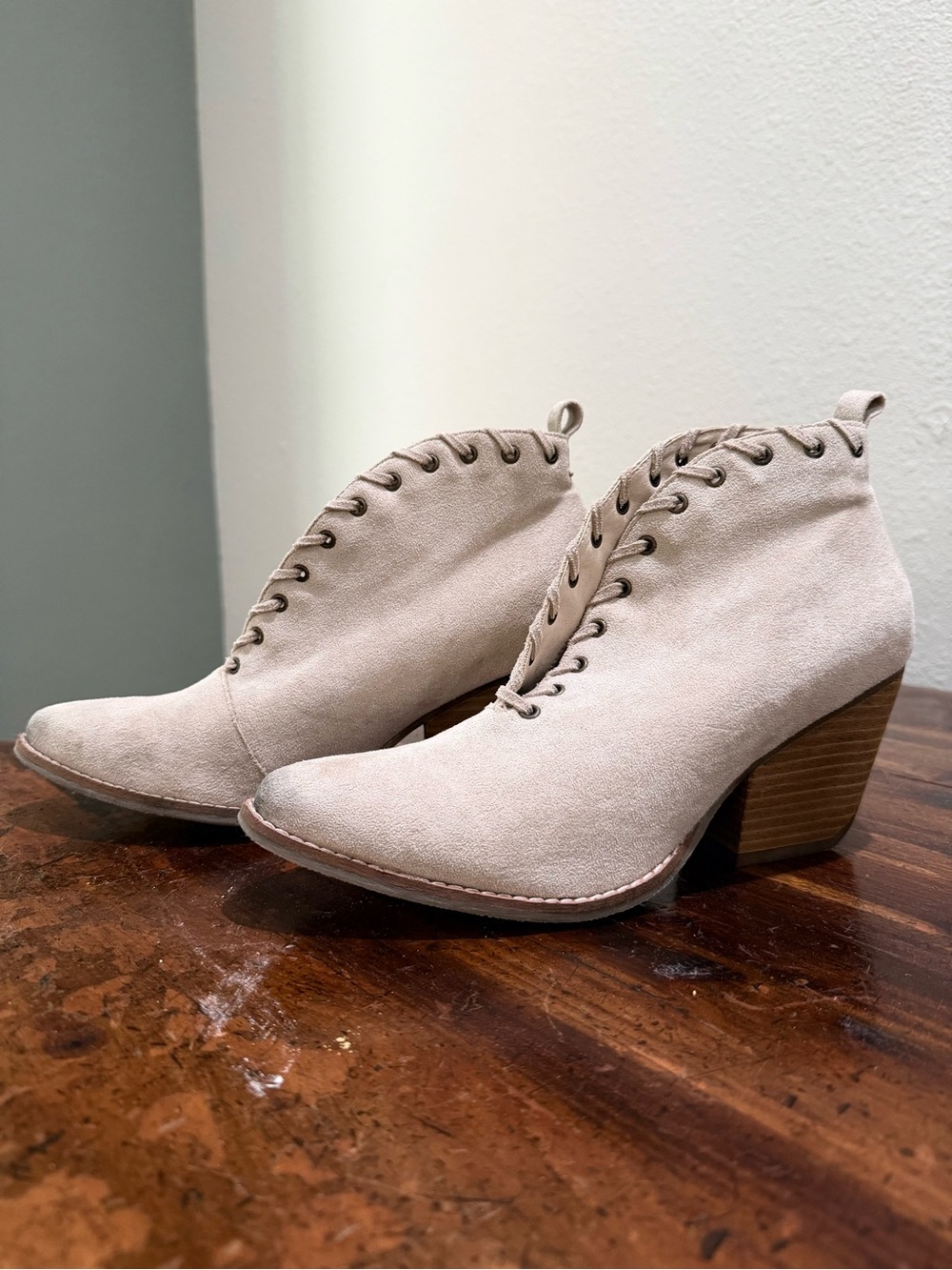 Coconuts by Matisse Suede Lace-Up Ankle Booties in Light Taupe